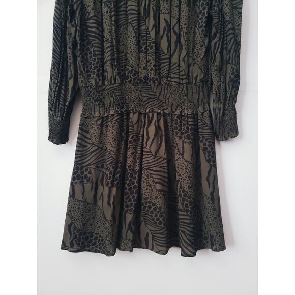Rails Zana Animal Print Smocked Waist Mini Dress Olive Green Size Large - Picture 7 of 10